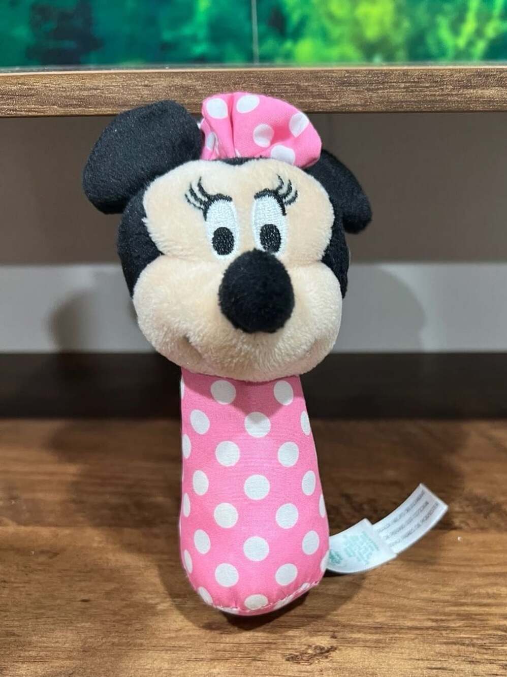 Disney Baby Minnie Mouse Plush Stick Hand Rattle Toy Pink White Polka Dots